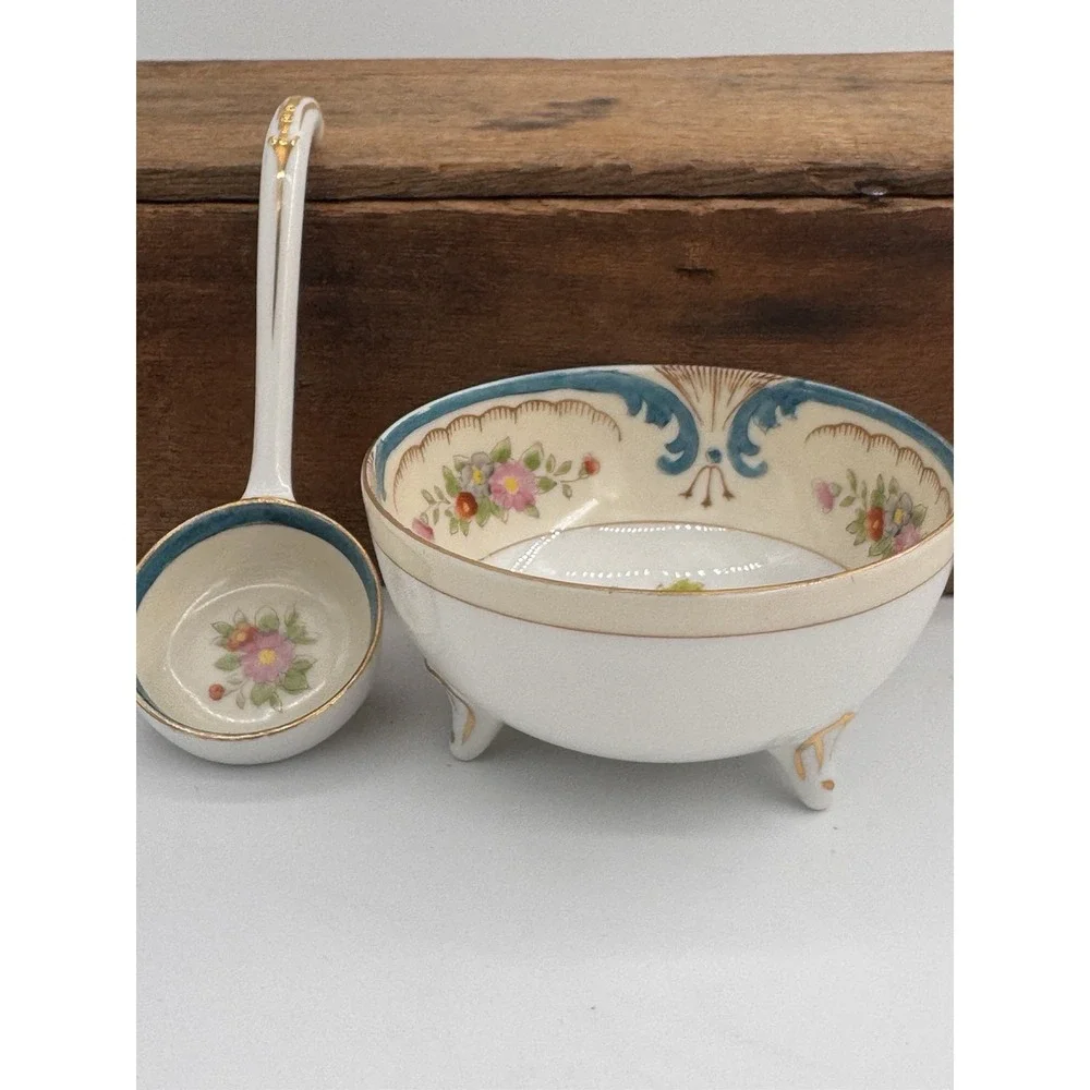 Noritake Hand Painted‎ Footed Bowl w/Ladle Floral Gold Trim Japan Set Vintage